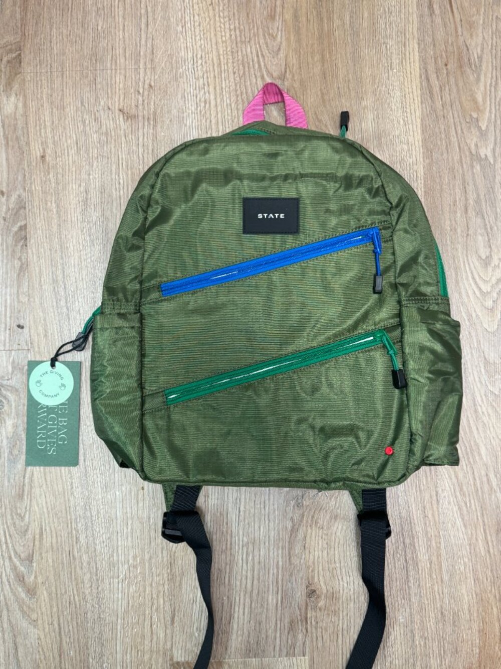 STATE Ripstop Kane Kids Travel Backpack Olive Green Diagonal Zipper Pink Handle - Picture 7 of 12